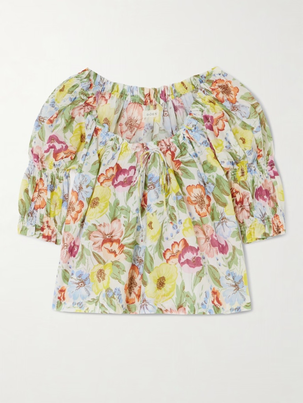 Dôen Inez Gathered Floral Print Cotton Blouse